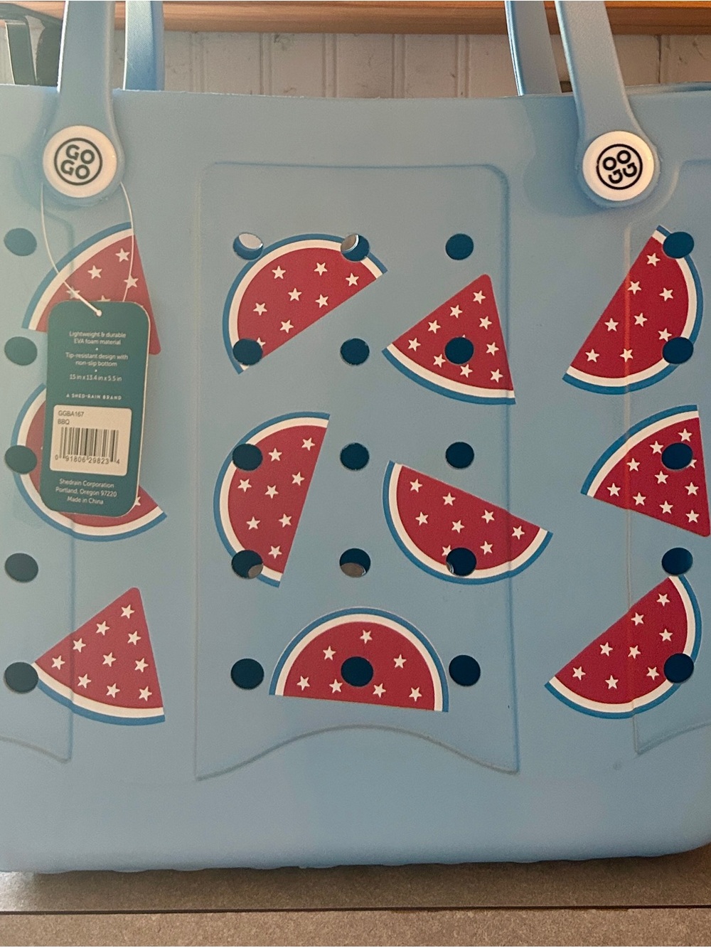 GOGO Light Blue Tote Bag with Red Watermelon Slice Print with stars